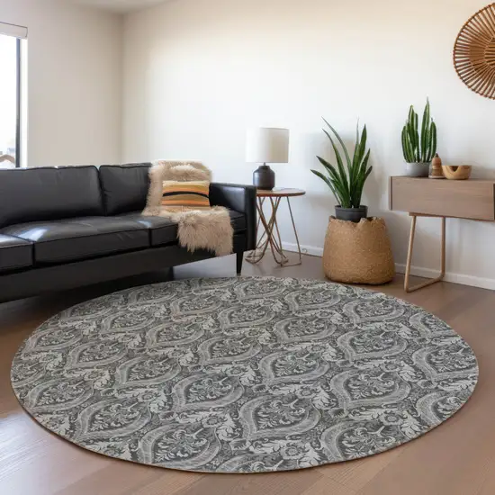 Gray Round Damask Washable Non Skid Indoor Outdoor Area Rug Photo 9