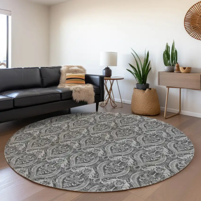 Gray Round Damask Washable Non Skid Indoor Outdoor Area Rug Photo 9