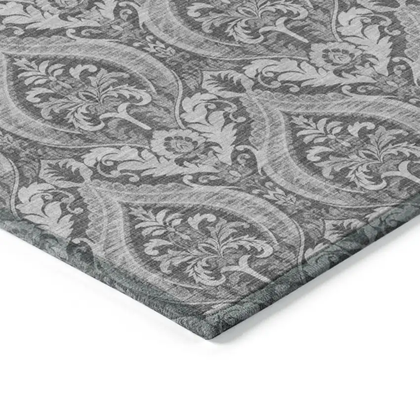 Gray Round Damask Washable Non Skid Indoor Outdoor Area Rug Photo 7