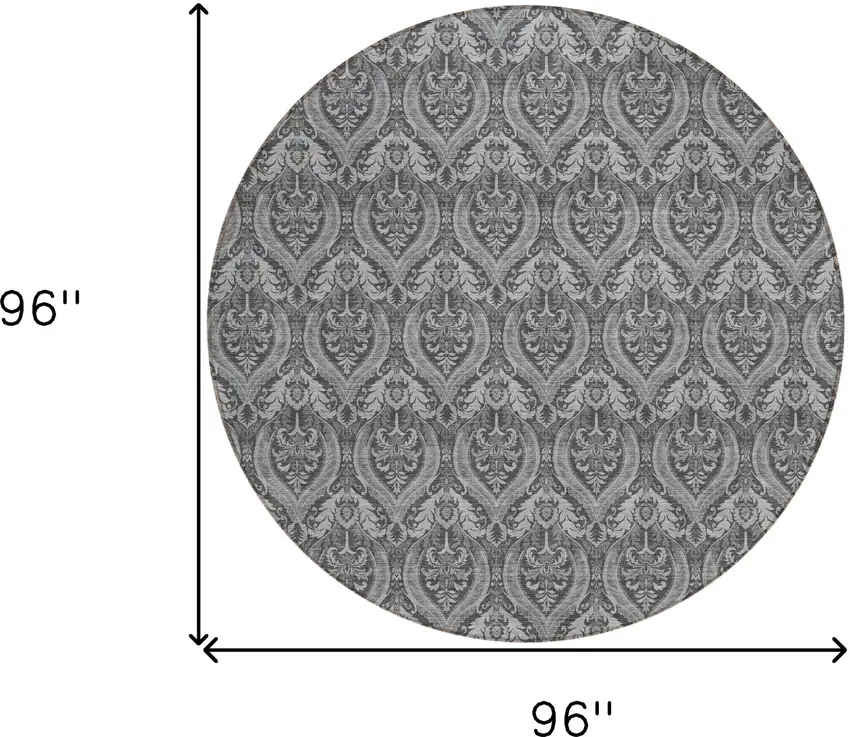 8' Round Gray Round Damask Washable Non Skid Indoor Outdoor Area Rug Photo 3