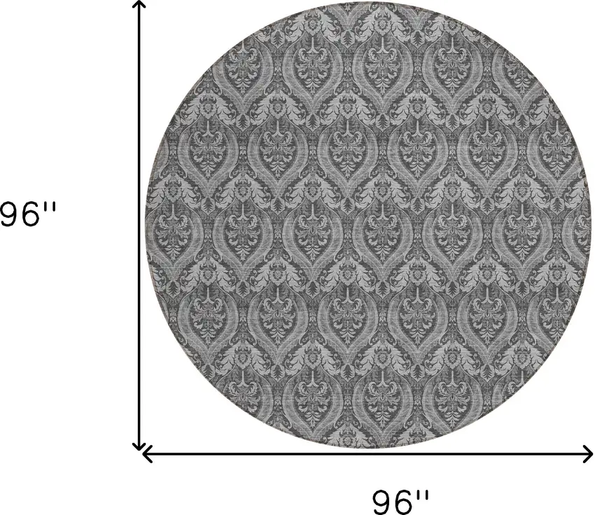 8' Round Gray Round Damask Washable Non Skid Indoor Outdoor Area Rug Photo 3
