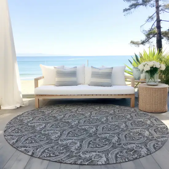 Gray Round Damask Washable Non Skid Indoor Outdoor Area Rug Photo 8