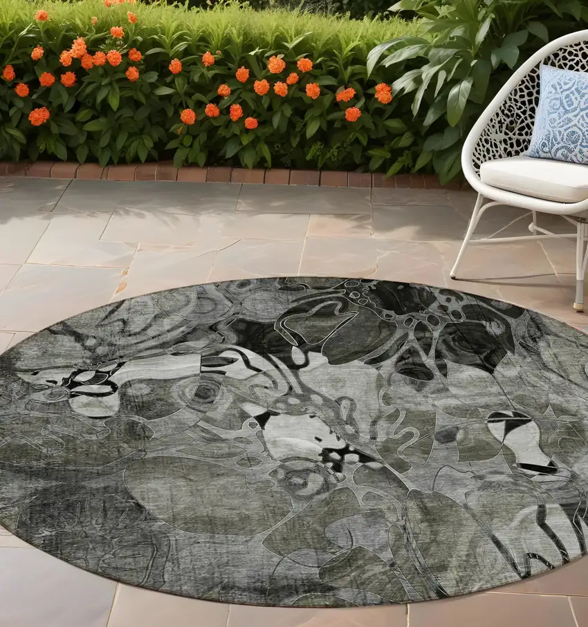 Gray Round Abstract Washable Indoor Outdoor Area Rug Photo 1
