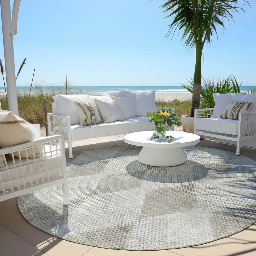 Gray Round Geometric Washable Non Skid Indoor Outdoor Area Rug Photo 8
