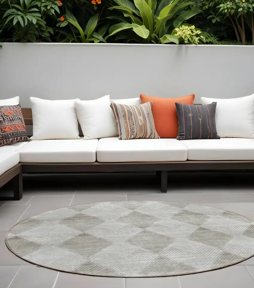 Gray Round Geometric Washable Non Skid Indoor Outdoor Area Rug Photo 1