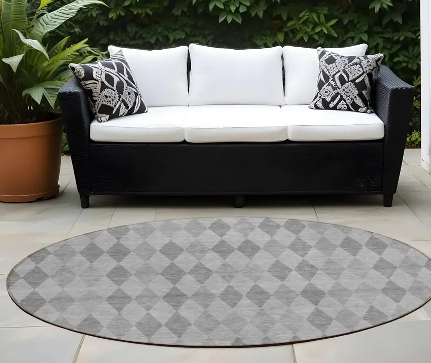 Gray Round Geometric Washable Non Skid Indoor Outdoor Area Rug Photo 1