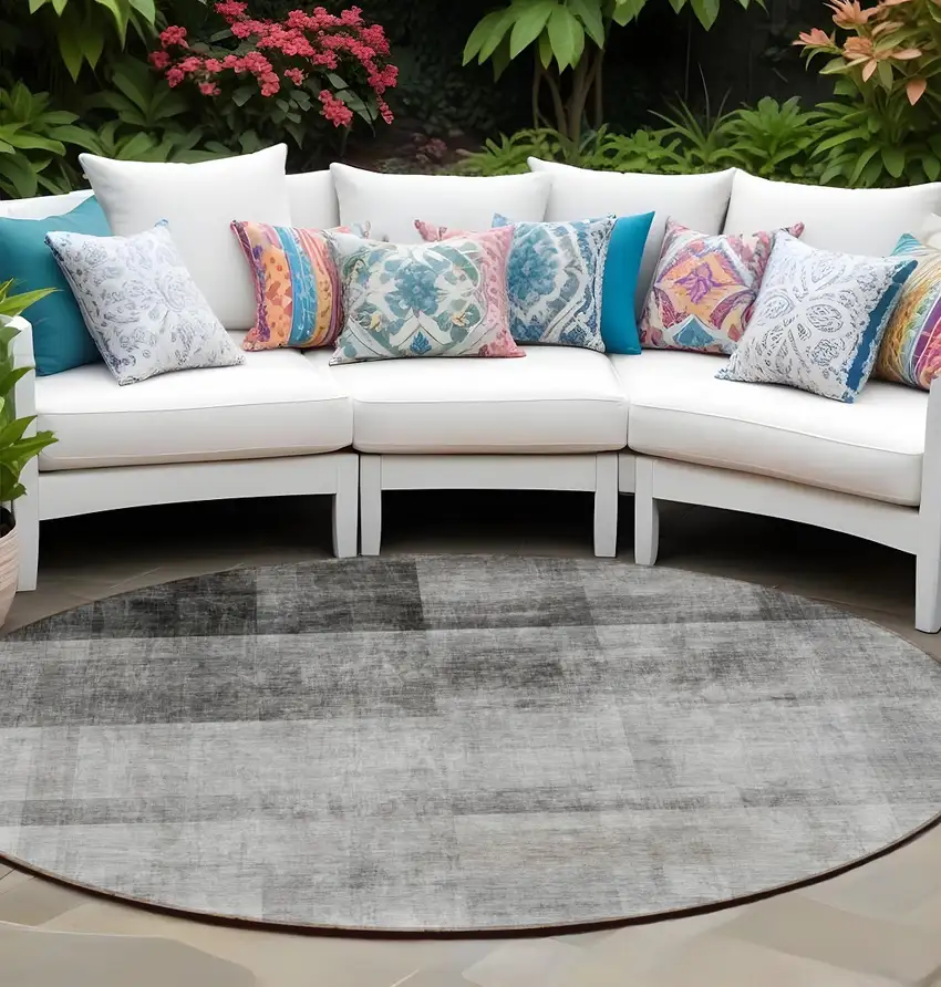 Gray Round Ombre Washable Non Skid Indoor Outdoor Area Rug Photo 1