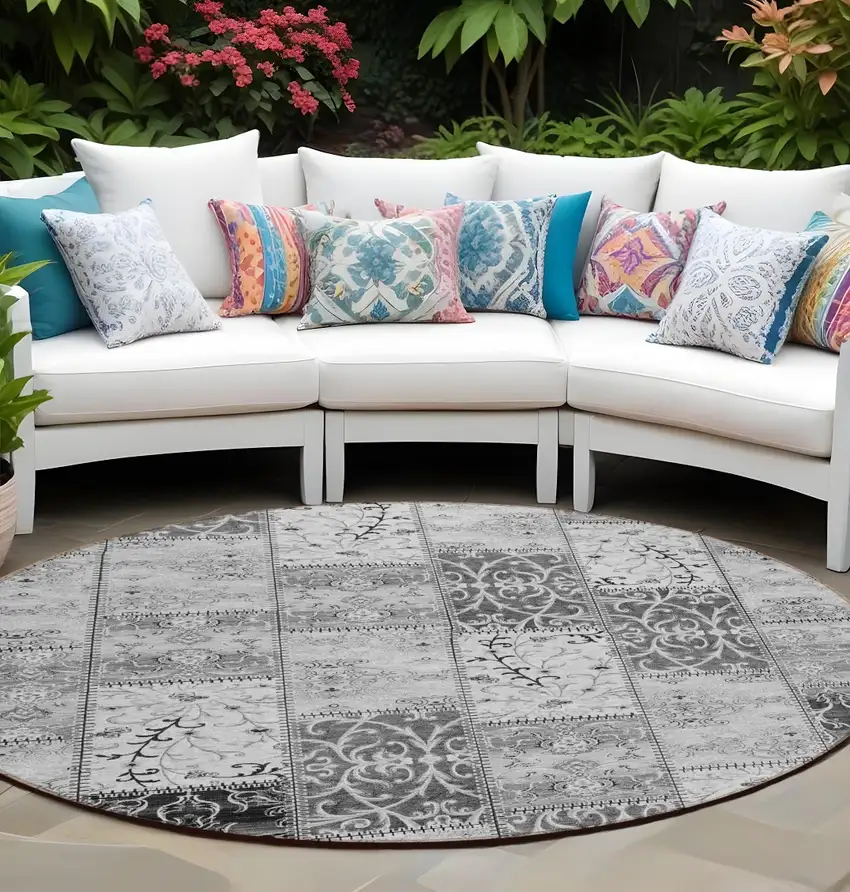 Gray Round Patchwork Washable Non Skid Indoor Outdoor Area Rug Photo 1