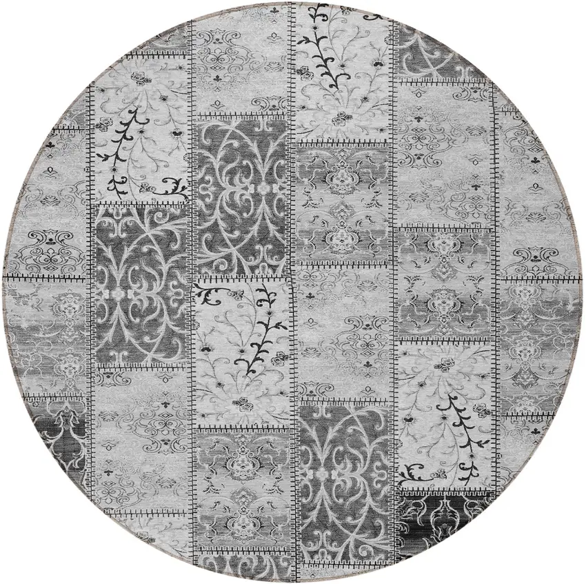 Gray Round Patchwork Washable Non Skid Indoor Outdoor Area Rug Photo 5