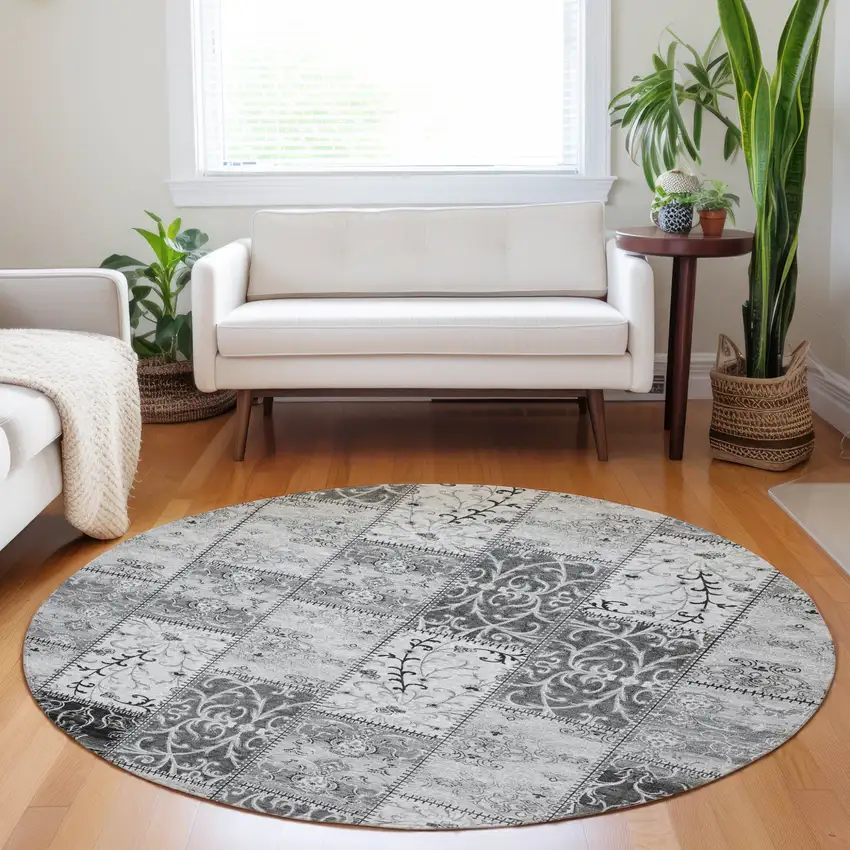 Gray Round Patchwork Washable Non Skid Indoor Outdoor Area Rug Photo 8