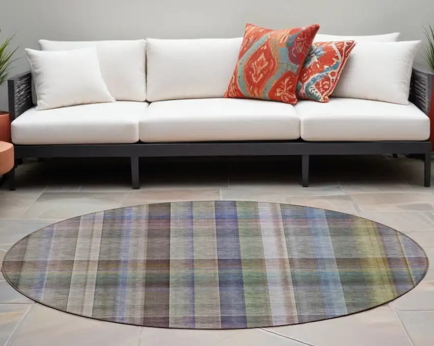 Gray Round Plaid Washable Non Skid Indoor Outdoor Area Rug Photo 1
