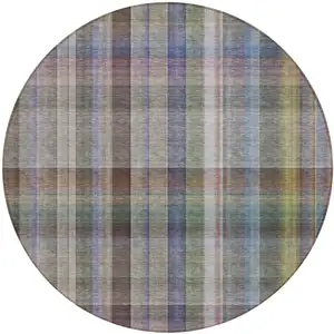 Photo of 8' Round Gray Round Plaid Washable Non Skid Indoor Outdoor Area Rug