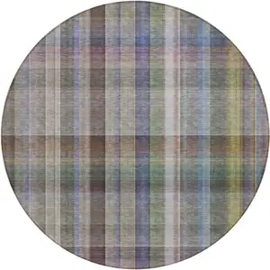 Photo of 8' Round Gray Round Plaid Washable Non Skid Indoor Outdoor Area Rug