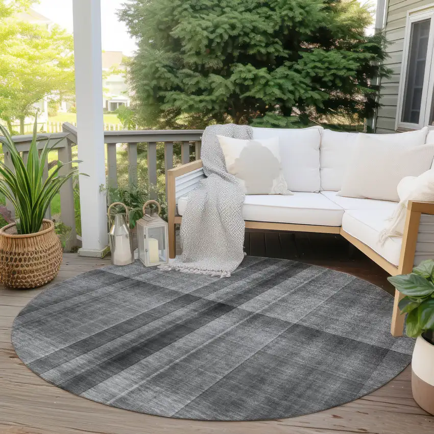 Gray Round Plaid Washable Non Skid Indoor Outdoor Area Rug Photo 8
