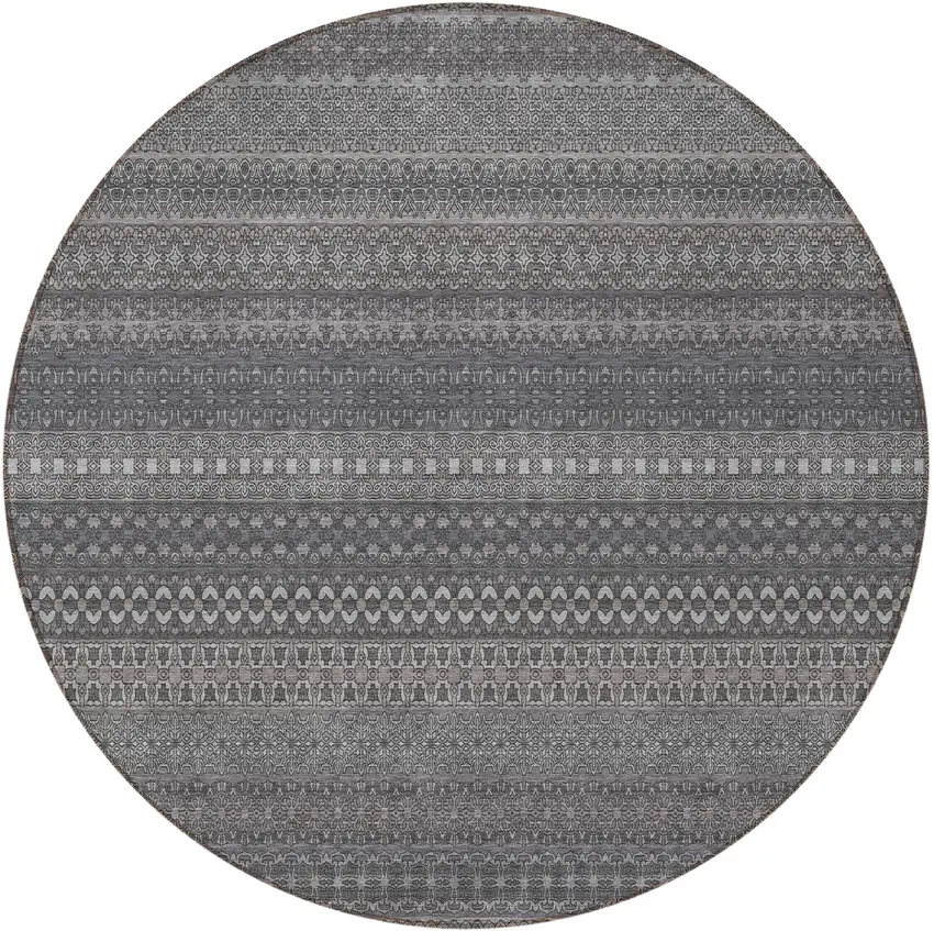 8' Round Gray Round Striped Washable Non Skid Indoor Outdoor Area Rug Photo 5