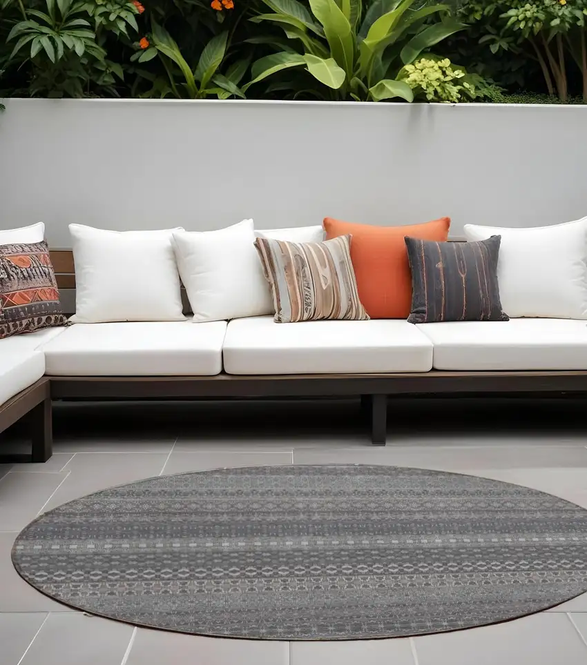 Gray Round Striped Washable Non Skid Indoor Outdoor Area Rug Photo 1