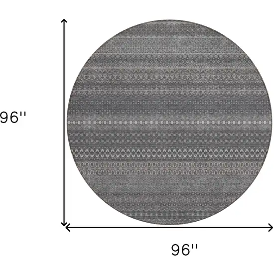 8' Round Gray Round Striped Washable Non Skid Indoor Outdoor Area Rug Photo 3