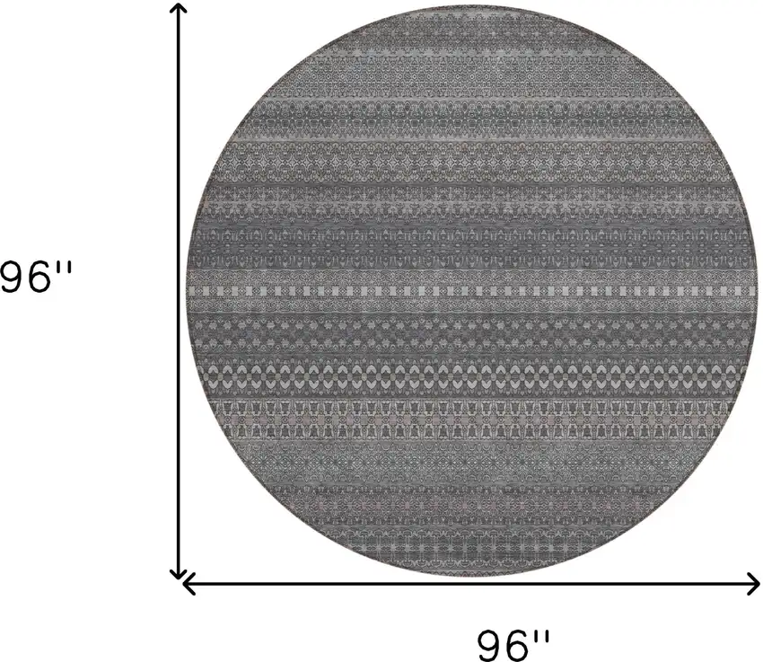 8' Round Gray Round Striped Washable Non Skid Indoor Outdoor Area Rug Photo 3