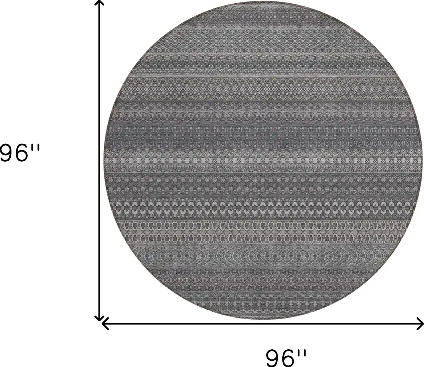8' Round Gray Round Striped Washable Non Skid Indoor Outdoor Area Rug Photo 3