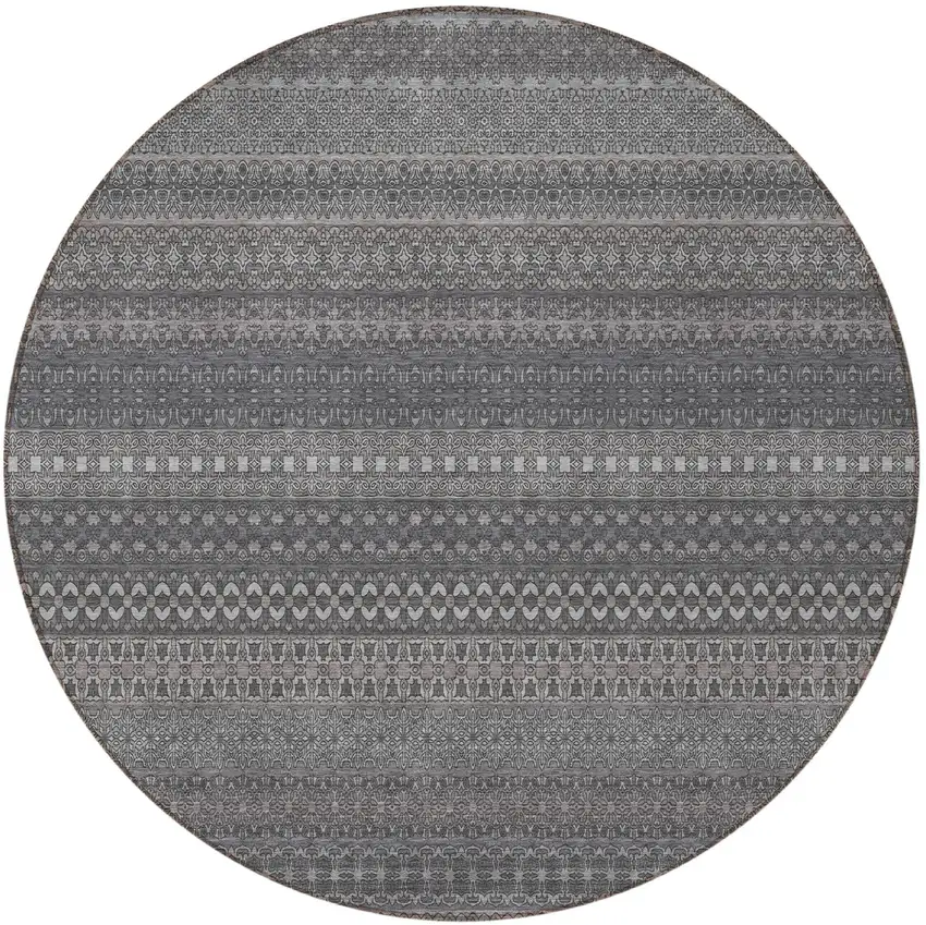 8' Round Gray Round Striped Washable Non Skid Indoor Outdoor Area Rug Photo 4
