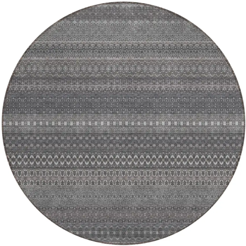 Gray Round Striped Washable Non Skid Indoor Outdoor Area Rug Photo 2