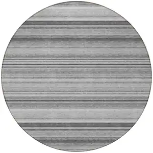 Photo of 8' Round Gray Round Striped Washable Non Skid Indoor Outdoor Area Rug