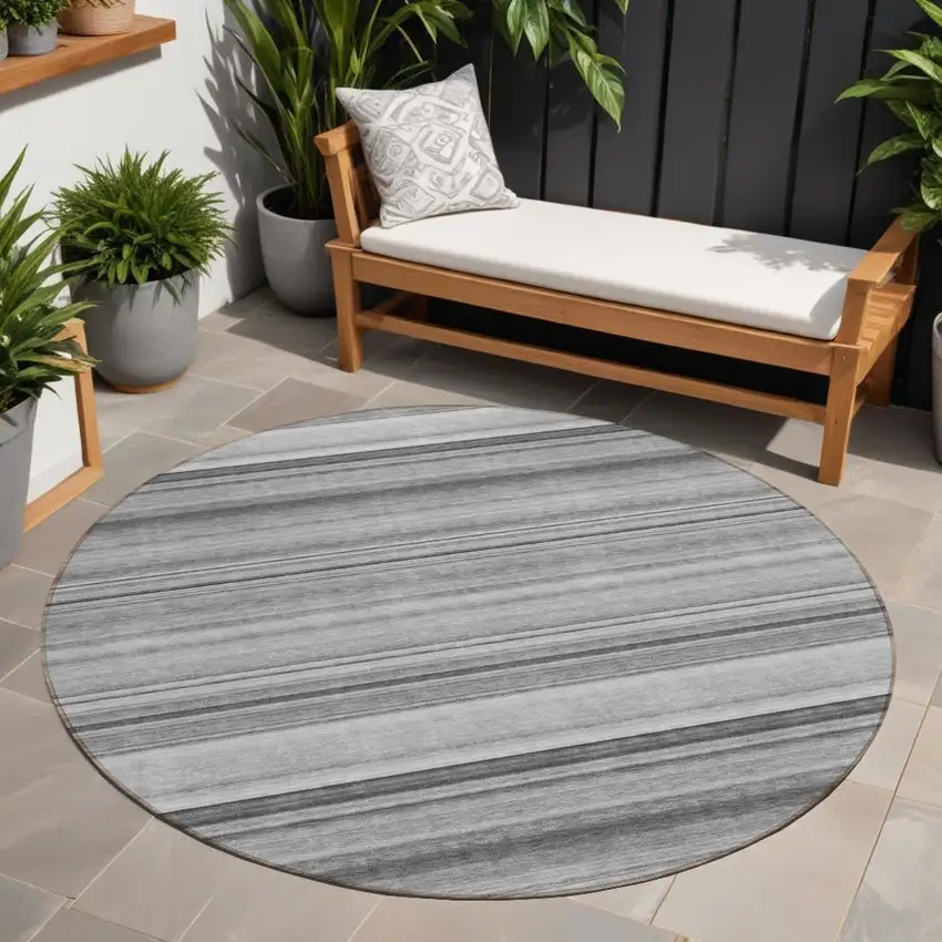 8' Round Gray Round Striped Washable Non Skid Indoor Outdoor Area Rug Photo 1