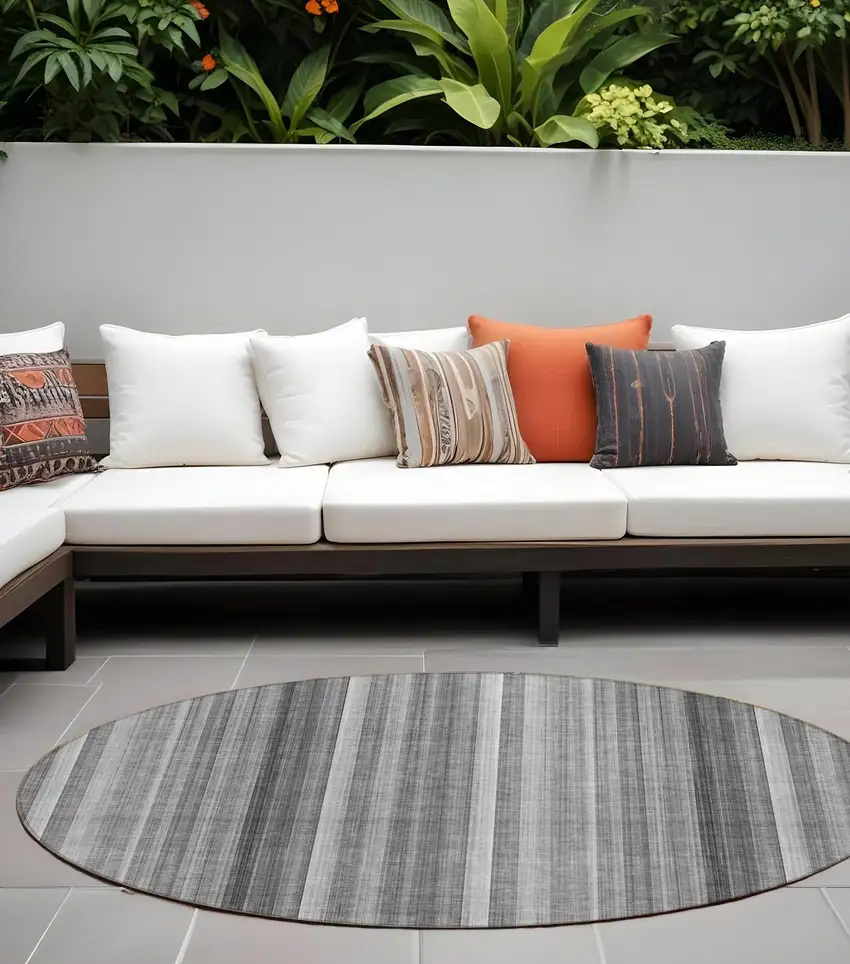 Gray Round Striped Washable Non Skid Indoor Outdoor Area Rug Photo 1