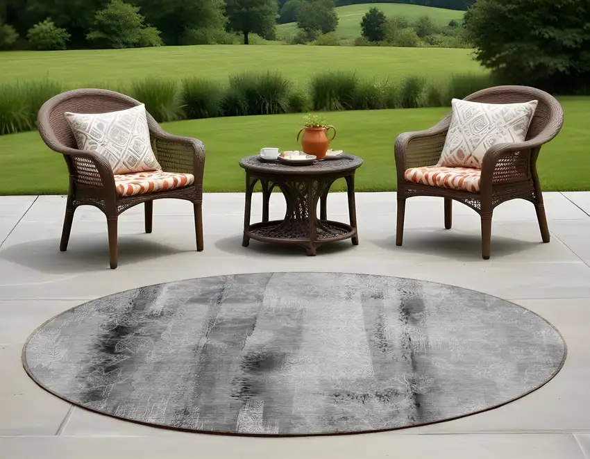8' Round Gray Round Washable Non Skid Indoor Outdoor Area Rug Photo 1