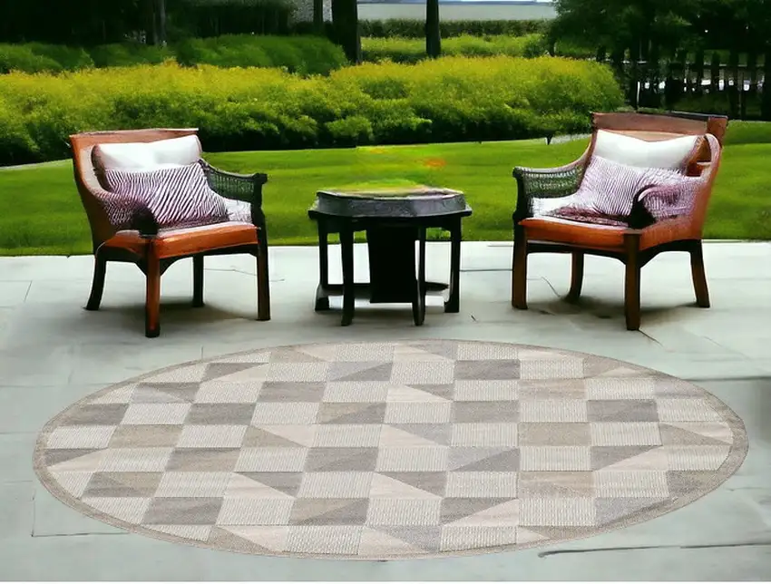 Gray Round Geometric Stain Resistant Indoor Outdoor Area Rug Photo 1