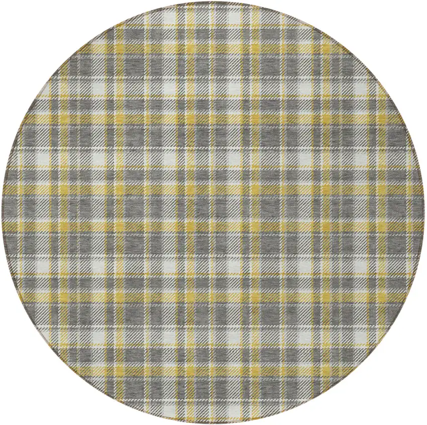Gray Yellow and White Round Plaid Washable Non Skid Indoor Outdoor Area Rug Photo 5