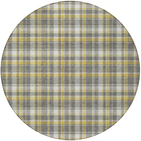 Gray Yellow and White Round Plaid Washable Non Skid Indoor Outdoor Area Rug Photo 4