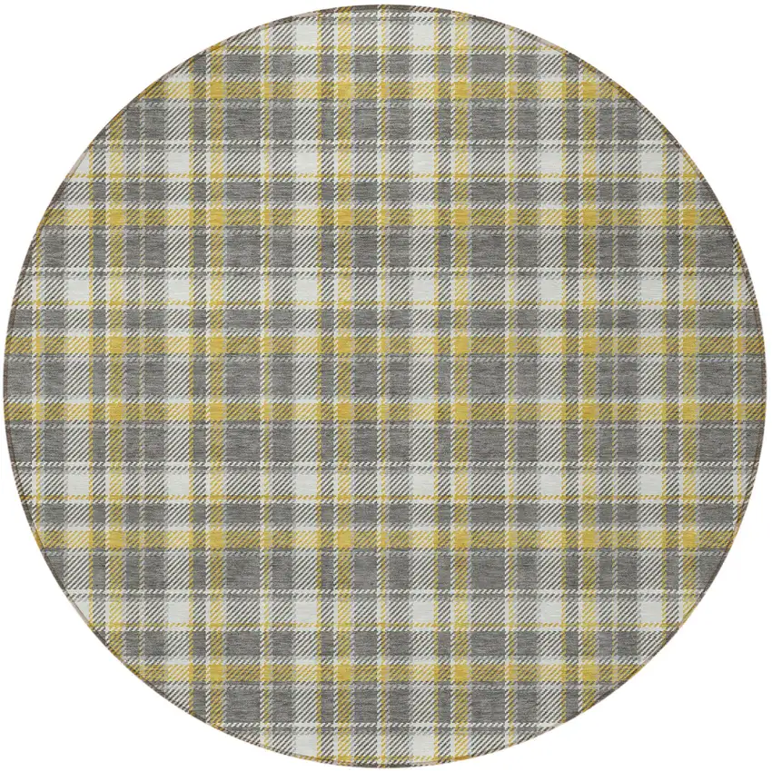 Gray Yellow and White Round Plaid Washable Non Skid Indoor Outdoor Area Rug Photo 4
