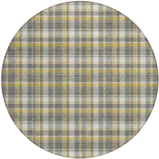 Gray Yellow and White Round Plaid Washable Non Skid Indoor Outdoor Area Rug Photo 2