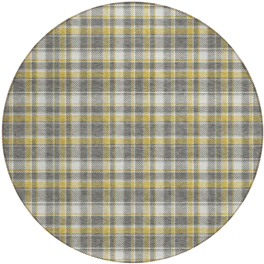 Gray Yellow and White Round Plaid Washable Non Skid Indoor Outdoor Area Rug Photo 2