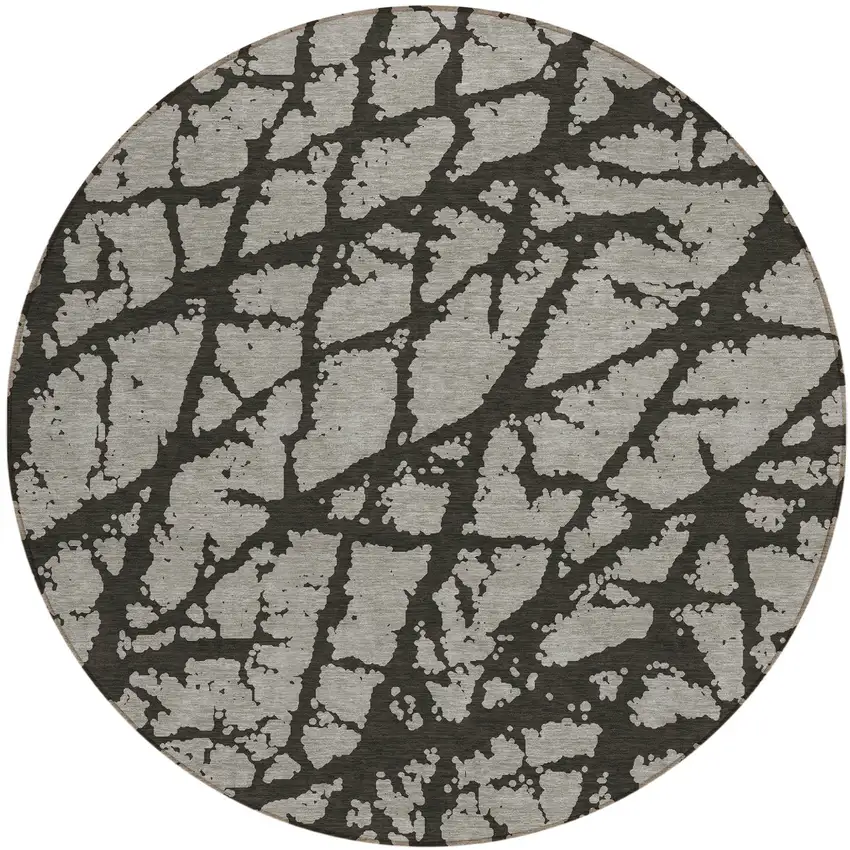 8' Round Gray and Black Round Abstract Washable Non Skid Indoor Outdoor Area Rug Photo 2