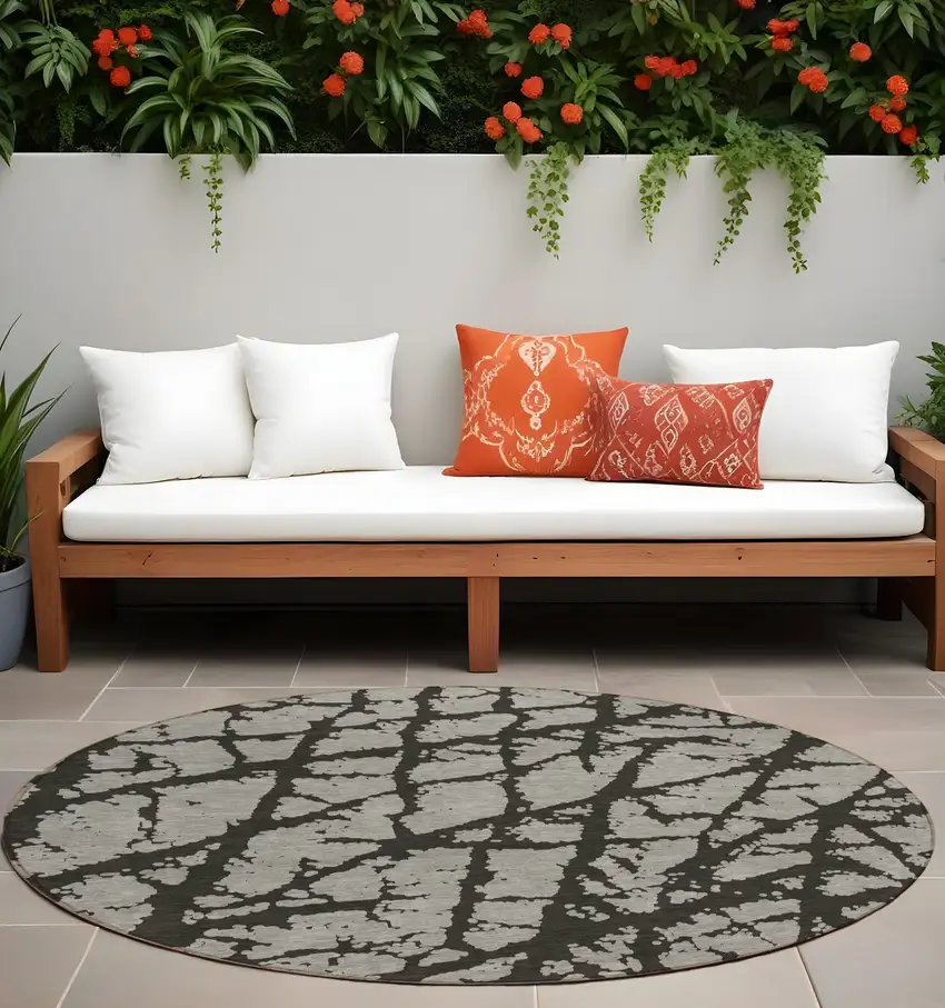 Gray and Black Round Abstract Washable Non Skid Indoor Outdoor Area Rug Photo 1