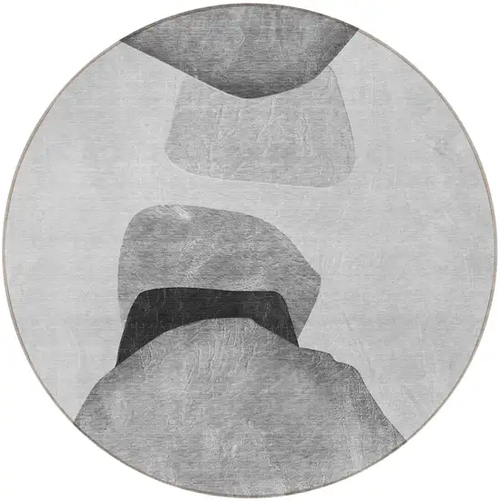 Gray and Black Round Abstract Washable Non Skid Indoor Outdoor Area Rug Photo 4
