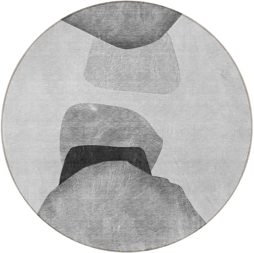Gray and Black Round Abstract Washable Non Skid Indoor Outdoor Area Rug Photo 4