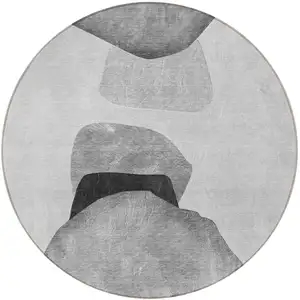 Photo of 8' Round Gray and Black Round Abstract Washable Non Skid Indoor Outdoor Area Rug