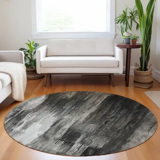 Gray and Black Round Abstract Washable Non Skid Indoor Outdoor Area Rug Photo 9