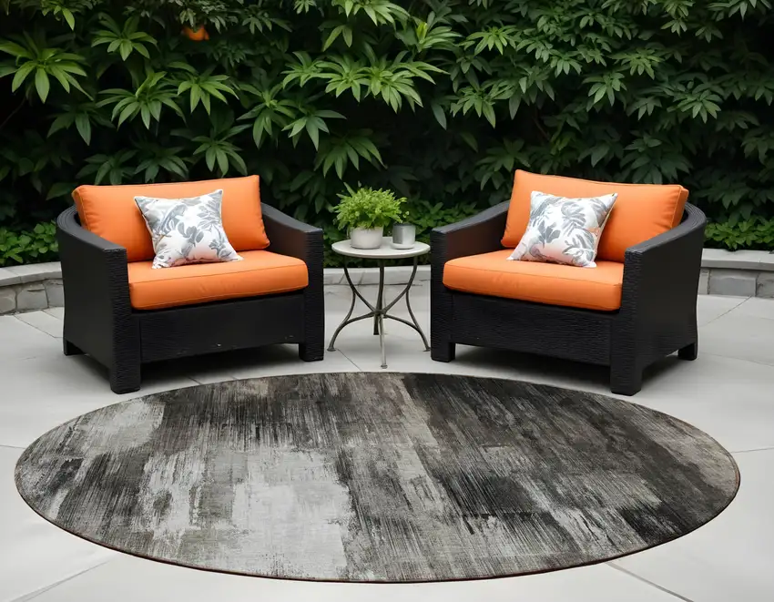 Gray and Black Round Abstract Washable Non Skid Indoor Outdoor Area Rug Photo 1