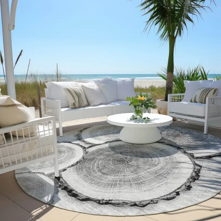 Gray and Black Round Faux Bois Washable Non Skid Indoor Outdoor Area Rug Photo 8