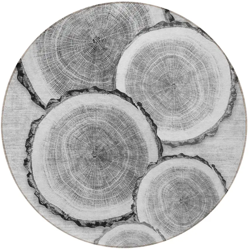 Gray and Black Round Faux Bois Washable Non Skid Indoor Outdoor Area Rug Photo 4