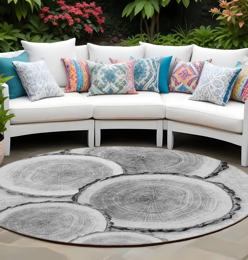 8' Round Gray and Black Round Faux Bois Washable Non Skid Indoor Outdoor Area Rug Photo 1