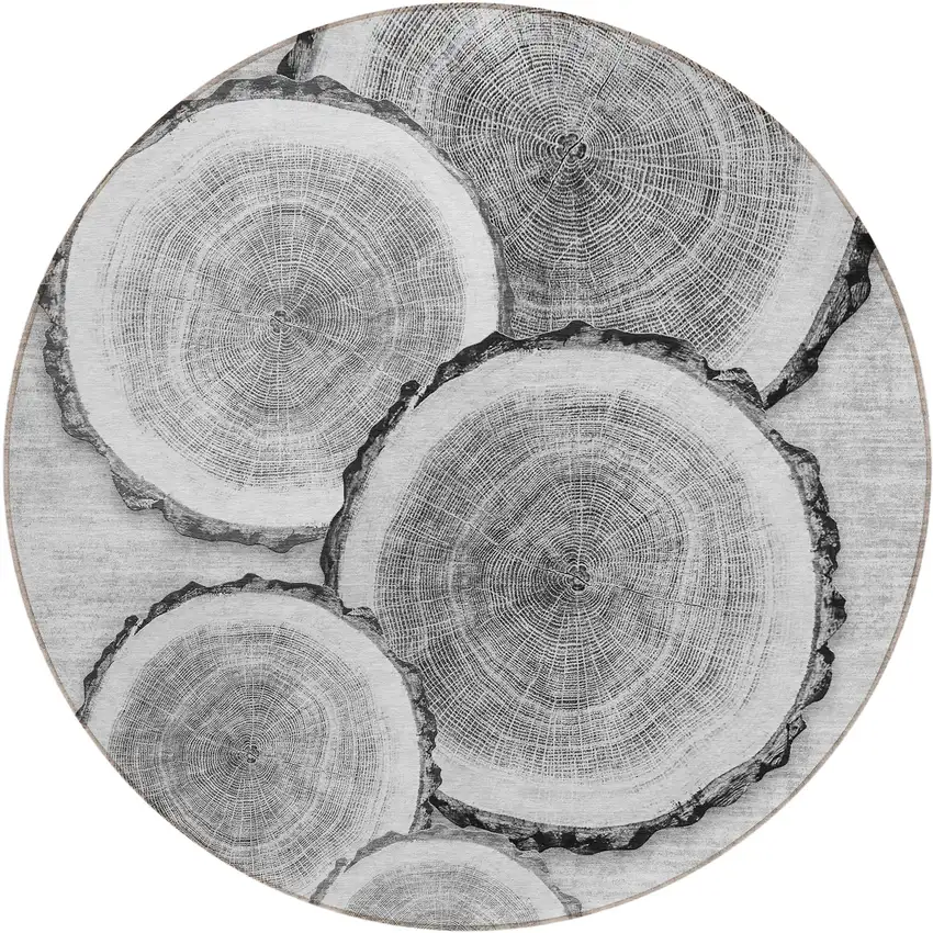 8' Round Gray and Black Round Faux Bois Washable Non Skid Indoor Outdoor Area Rug Photo 2