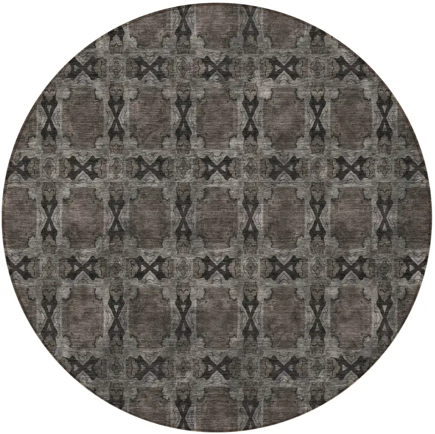 Gray and Black Round Floral Medallion Washable Non Skid Indoor Outdoor Area Rug Photo 4