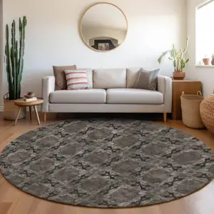 Photo of 8' Round Gray and Black Round Floral Medallion Washable Non Skid Indoor Outdoor Area Rug