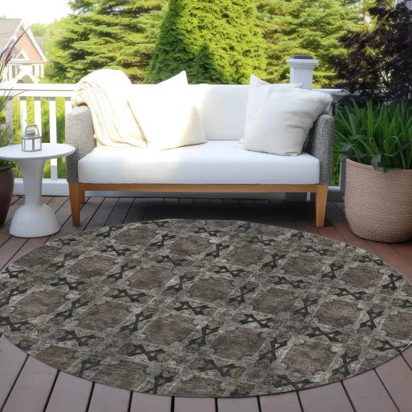 Gray and Black Round Floral Medallion Washable Non Skid Indoor Outdoor Area Rug Photo 8