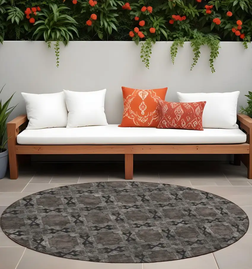 Gray and Black Round Floral Medallion Washable Non Skid Indoor Outdoor Area Rug Photo 1